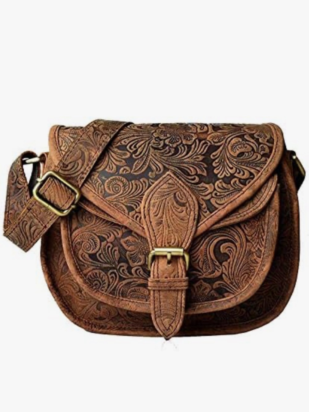 LEADERACHI Tooled Leather Brown Crossbody Shoulder Bag